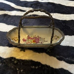 vintage ceramic and brass oblong handled bowl/basket